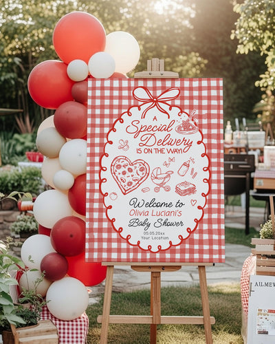 Italian Baby Shower Welcome Sign Template, Special Delivery Pizza Theme Red Gingham Printable 034SD-WLCM - marryful.org