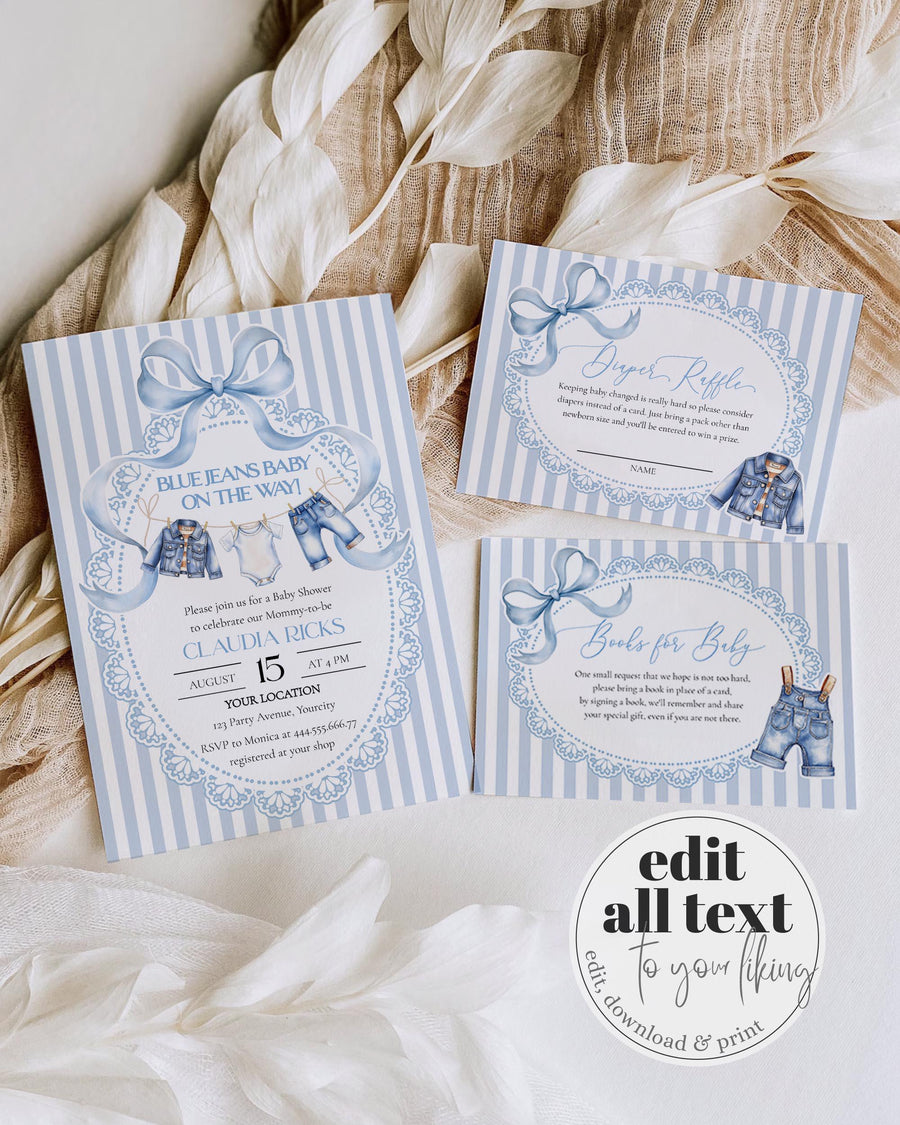 Vintage Baby Shower Invitations Set Template, Striped Blue Jean Baby Sprinkle Invitation 069BJ-BSINV - marryful.org