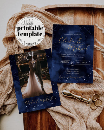 Celestial Moon Wedding Invitation Template, Navy Gold Galaxy Starry Night Invite 066CE-WEINV - marryful.org