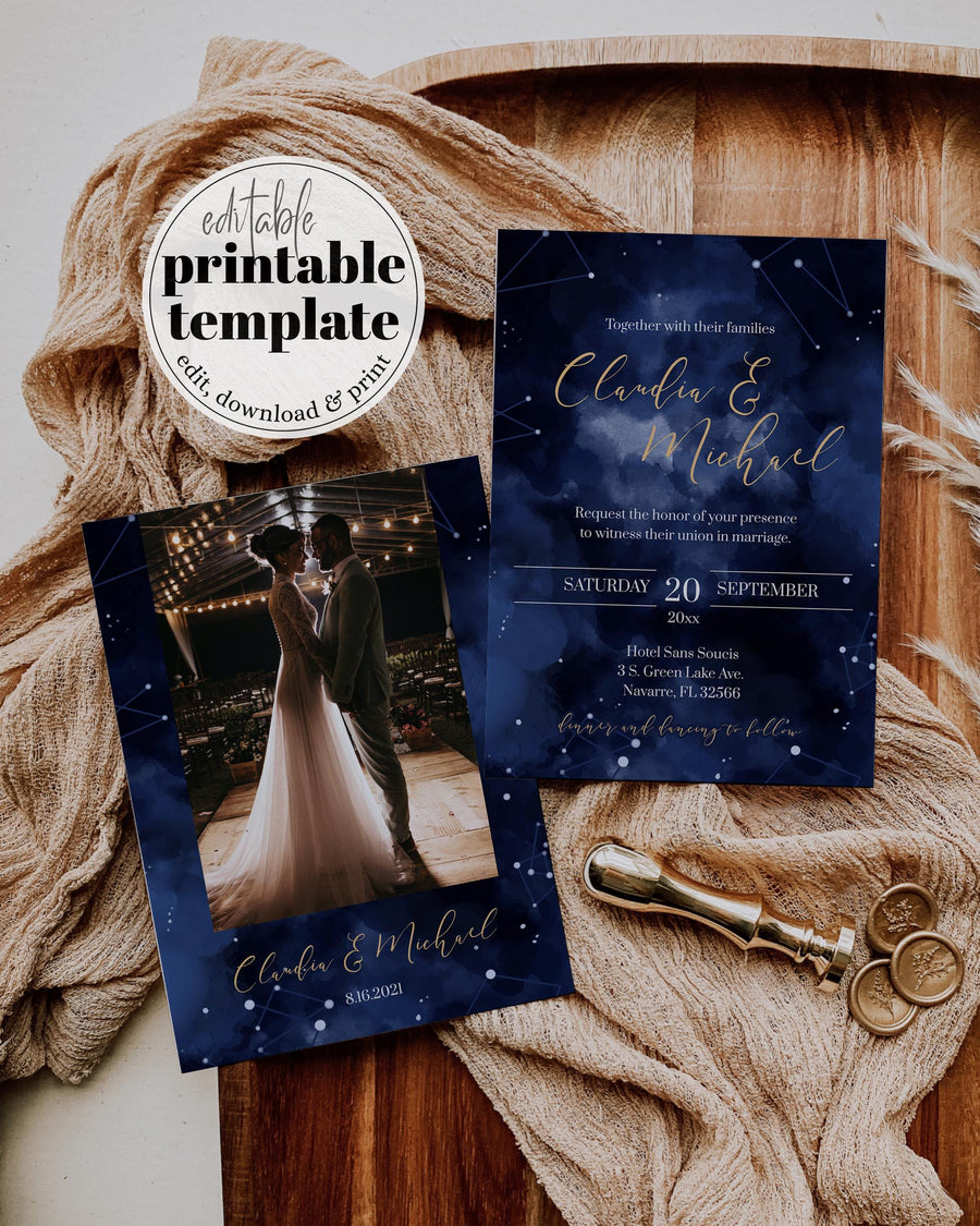 Celestial Moon Wedding Invitation Template, Navy Gold Galaxy Starry Night Invite 066CE-WEINV - marryful.org