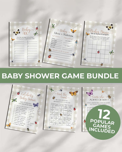 Love Bug Baby Shower Games Template Bundle, Butterfly & Bugs Gingham Printable Shower Activities 101LB-GAMEB - marryful.org