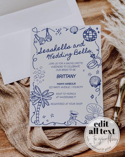 Seashells and Wedding Bells Bachelorette Itinerary Invite Template, Handwritten Doodle Weekend Schedule 070BL-BACHINV - marryful.org