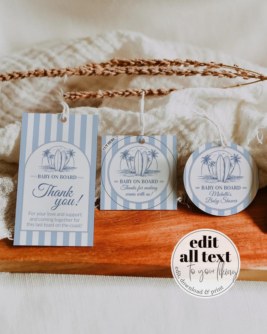 Baby on Board Baby Shower Decorations Tags Template, Nautical Labels Stickers Cupcake Toppers 085CO-TLST