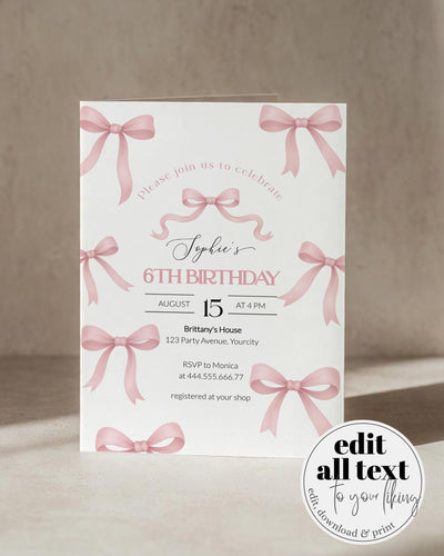 Pink Bow Birthday Invitation Template, Coquette Ribbon Party Invite for Girls - marryful.org