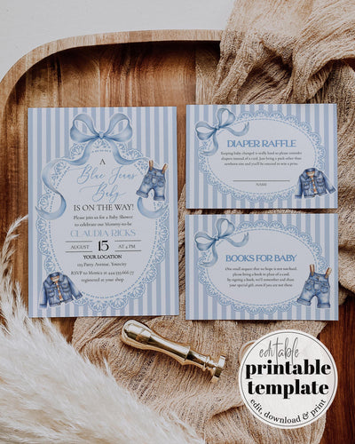 Vintage Baby Shower Invitation Set Template, Elegant Denim Baby Shower Invite Classic 069BJ-BSINV - marryful.org