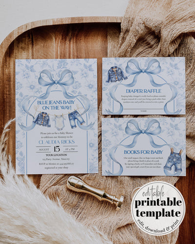Toile Baby Shower Invitation Set Template, Blue Jean Baby Shower Invite, Vintage Toile 079BJ-BSINV - marryful.org