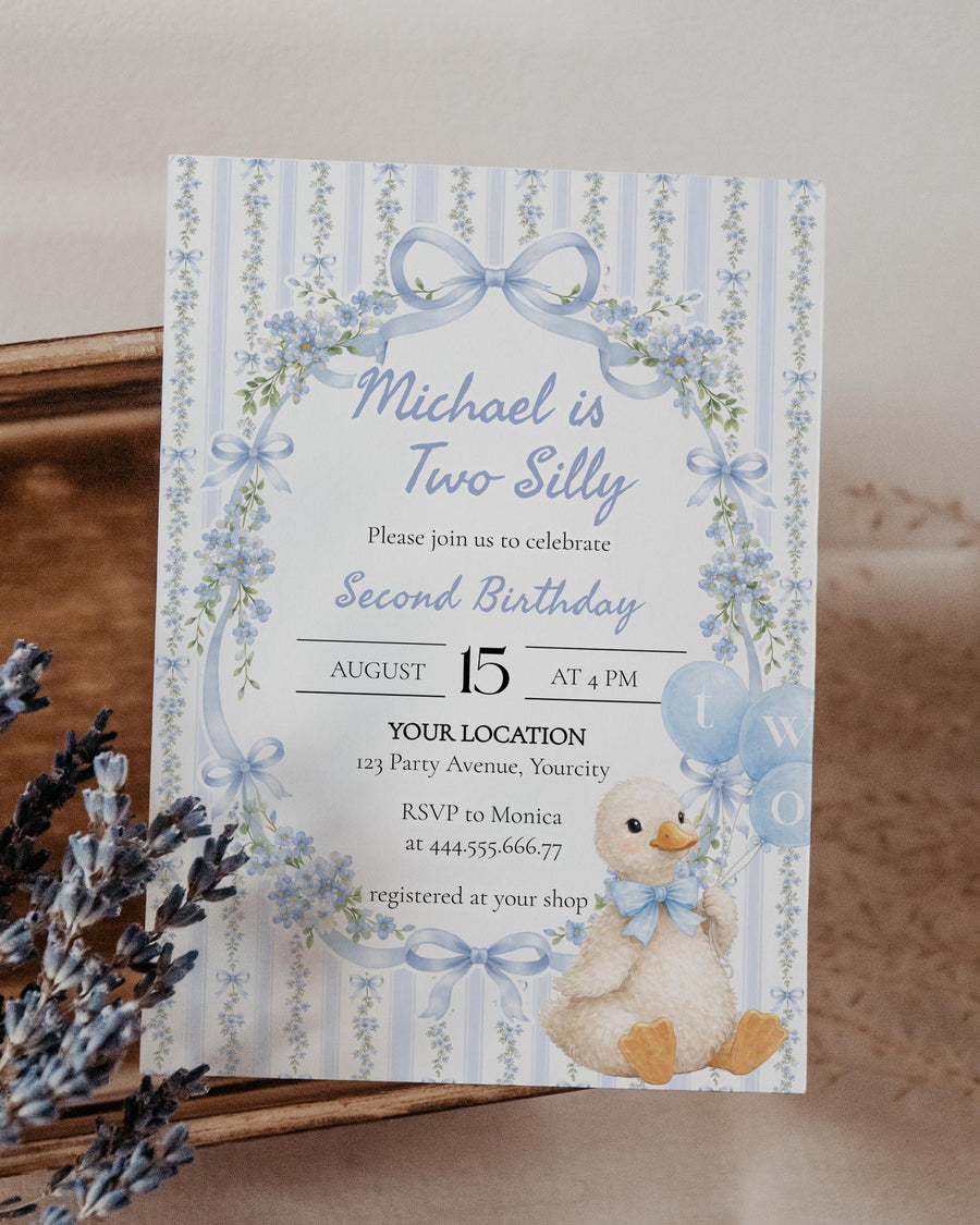Two Silly Goose 2nd Birthday Invitation Template, Blue Goose Gingham Second Birthday Invite 069BL-BINV - marryful.org