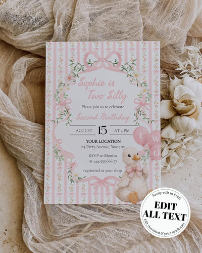 Two Silly Goose 2nd Birthday Invitation Template, Pink Bow Floral Goose Second Birthday Invite 069PI-BINV - marryful.org