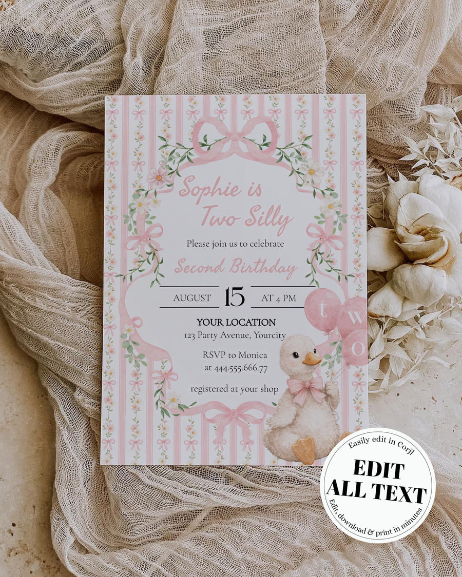 Two Silly Goose 2nd Birthday Invitation Template, Pink Bow Floral Goose Second Birthday Invite 069PI-BINV - marryful.org