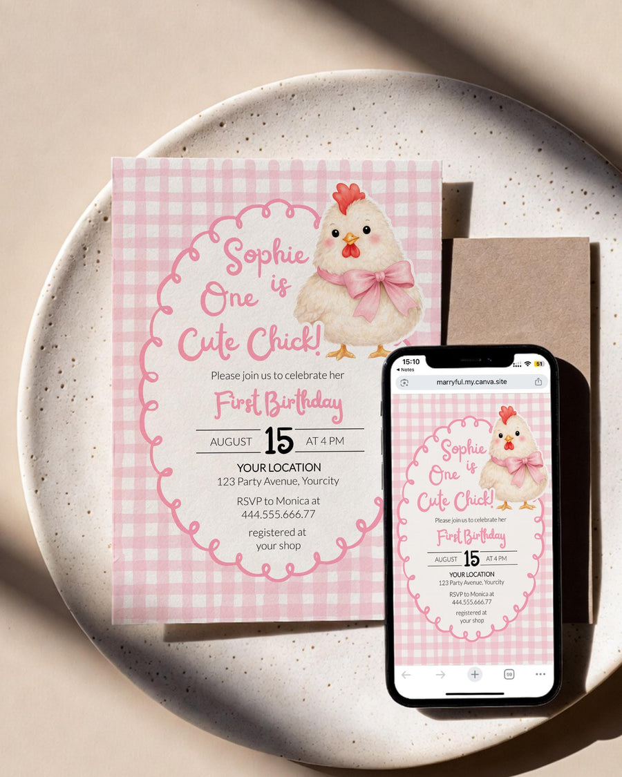 One Chick First Birthday Invitation, Pink Gingham Chicken Girl Party, Digital Download 034PI-BINV - marryful.org