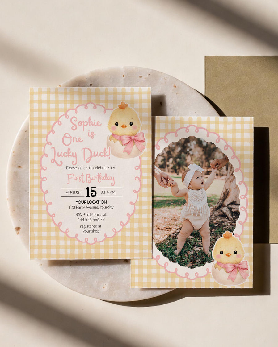 One Lucky Duck 1st Birthday Invitation Template, Girl Gingham First Birthday Invite 034PI-BINV - marryful.org