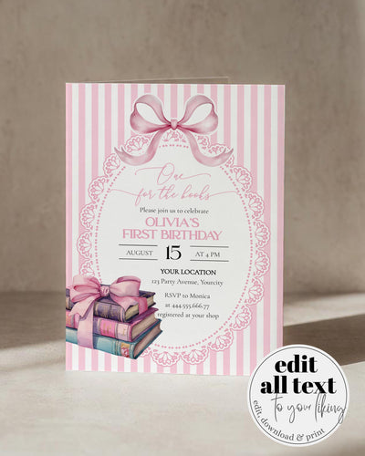 One for the Books Birthday Invitation Girl Template, Vintage Bow Striped Storybook 1st 069PI-BINV - marryful.org