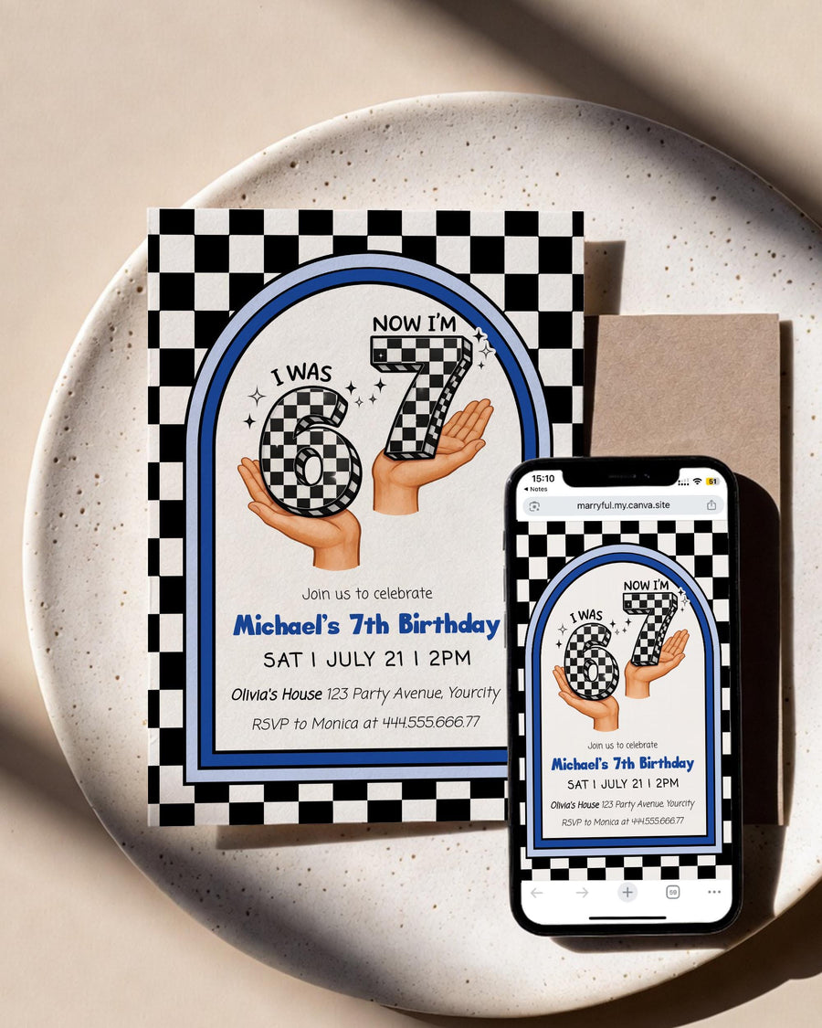 6 to 7 Birthday Invitation Template, Blue Checkered 7th Birthday Meme Party Invite - marryful.org