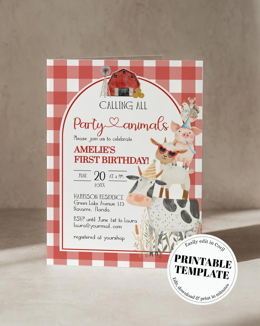 Farm Animal Birthday Invitation Template, Red Gingham Barn Arch Party Animals Invite 026PA-BINV - marryful.org