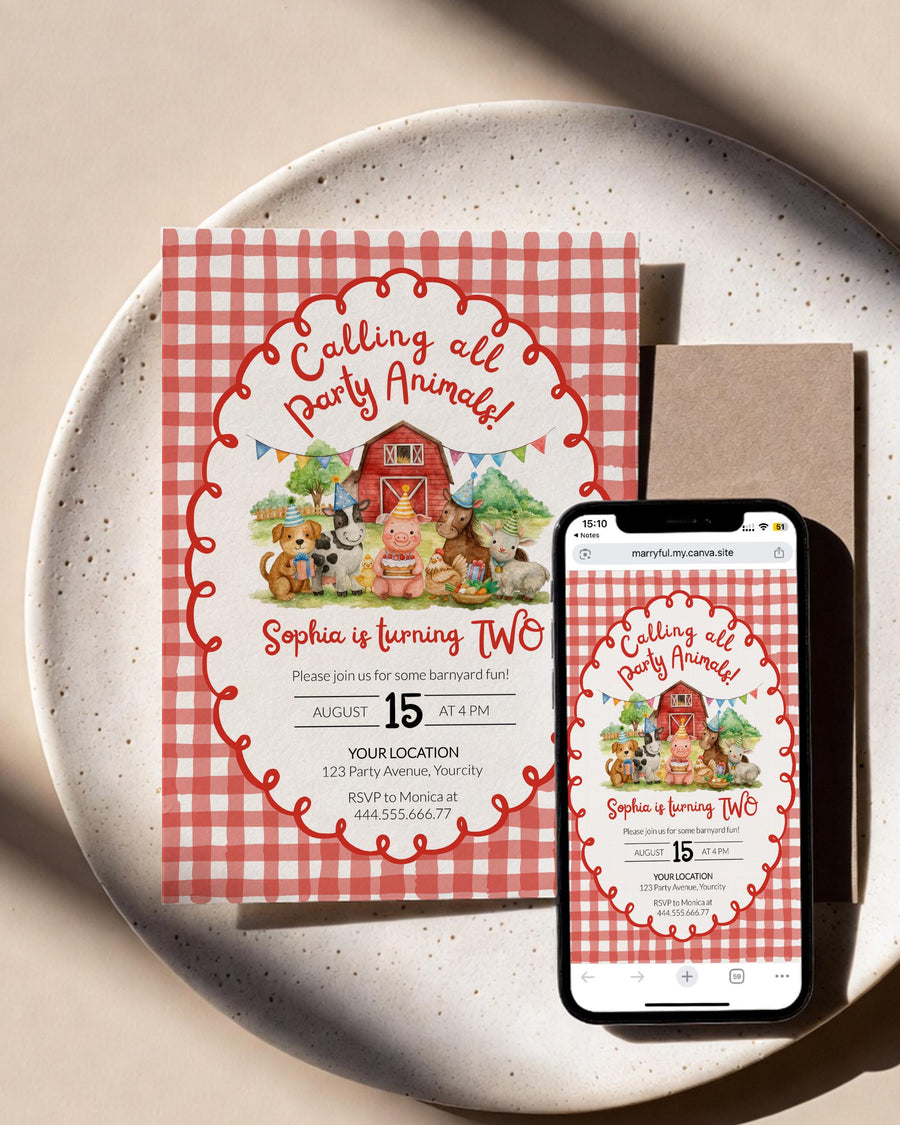 Farm Animal 2nd Birthday Invitation Template, Red Gingham Party Animals Barn Invite 034BL-BINV - marryful.org