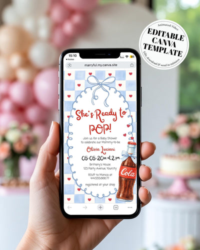 Ready to Pop Baby Shower Video Invitation Template, Blue Animated Canva Invite + Music 034SS-BSINV