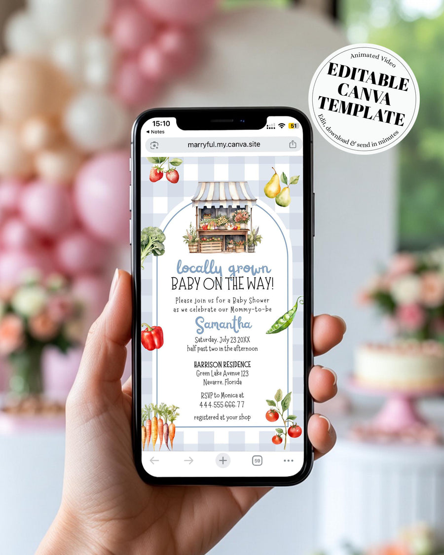 Locally Grown Baby Shower Video Invitation Template, Blue Boy Animated Canva Invite + Music 034SS-BSINV - marryful.org