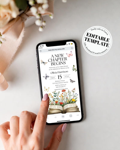 Storybook Baby Shower Video Invitation Template, New Chapter Animated Canva Invite + Music 077ST-BSINV