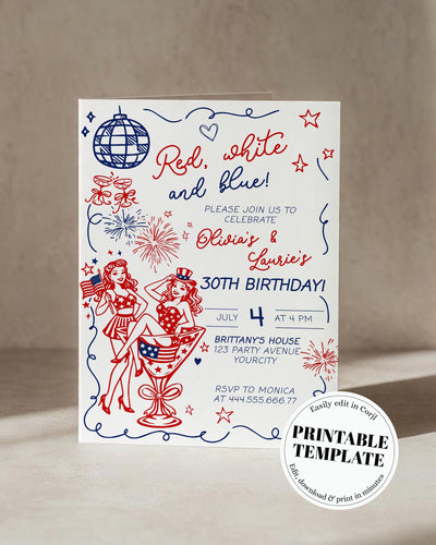 4th of July Twin Birthday Invitation Template, Red White Blue Independence Day Invite 070IND-BINV - marryful.org
