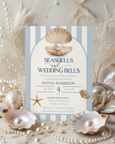 Seashells and Wedding Bells Bachelorette Itinerary Template, Marine Blue Stripe Seashell Invite 085CO-BACHINV - marryful.org