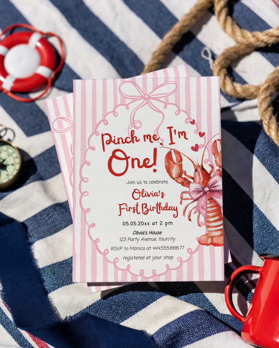 Pinch Me I’m One Crawfish Birthday Invitation Template, Pink Stripe Bow Lobster Invite 034CF-BINV - marryful.org