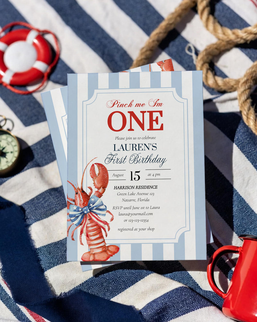 Crawfish Birthday Invitation Template, Blue Stripes USA Bow Patriotic Crawfish Invite 085CO-BINV - marryful.org