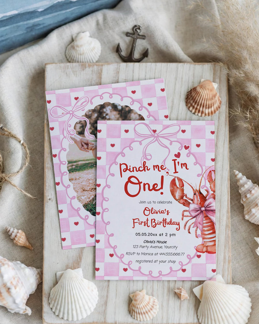 Pinch Me I’m One Crawfish Birthday Invitation Template, Pink Check Bow Girl 034CF-BINV - marryful.org