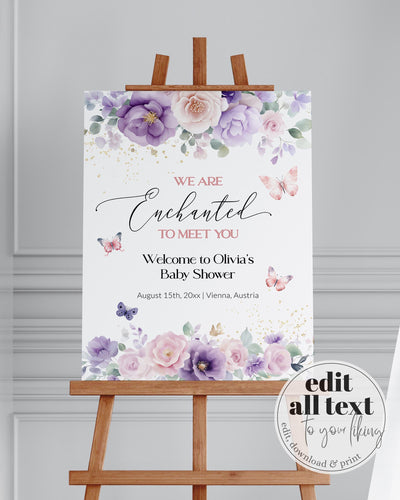 Enchanted to meet you Baby Shower Welcome Sign Template, Butterfly Floral Party Decor 023EN-WLCM - marryful.org