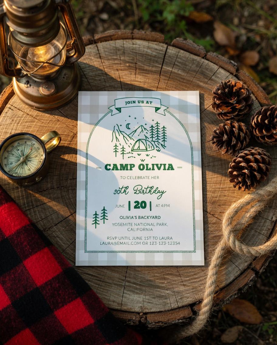 Camping Birthday Invitation Template, Happy Camper Campout Party Invite 016CA-BINV - marryful.org