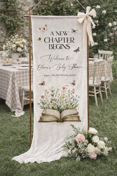 Storybook Wall Tapestry Welcome Banner, New Chapter Begins Linen Sign Printable Template 077ST-TAPE - marryful.org