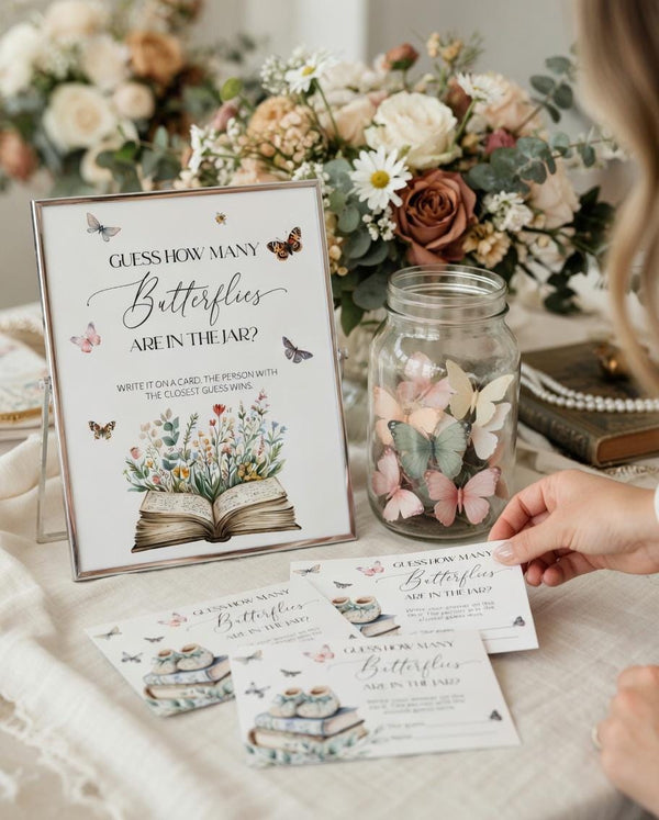 Butterflies in a Jar Guessing Game Sign, New Chapter Storybook Baby Shower Template 077ST-GAME - marryful.org