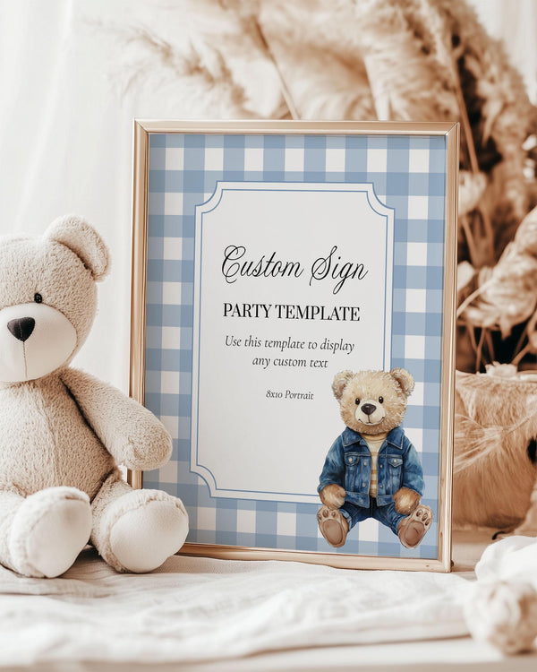 Blue Jeans Teddy Bear Baby Shower Custom Sign for Boys Printable Vintage Classic Polo Teddy Bear Denim Party Decor Sign Template #068je - marryful.org