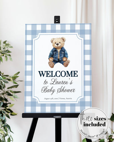 Blue Jeans Teddy Bear Welcome Sign for Boys Baby Shower Decorations Sign Printable Gingham Polo Teddy Bear Denim Party Sign Template #068je - marryful.org