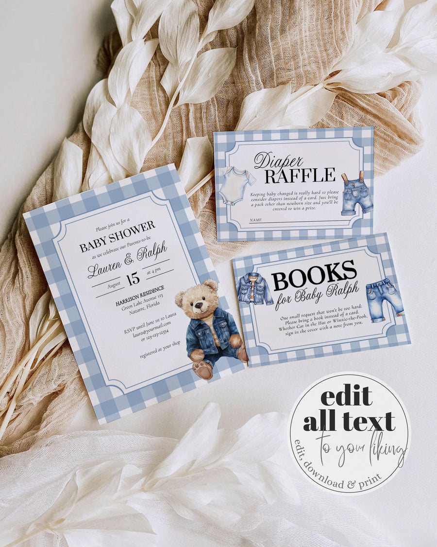 Baby Shower Invitation Template, Denim Teddy Bear Gingham theme, Digital Download 013JE-BSINV - marryful.org