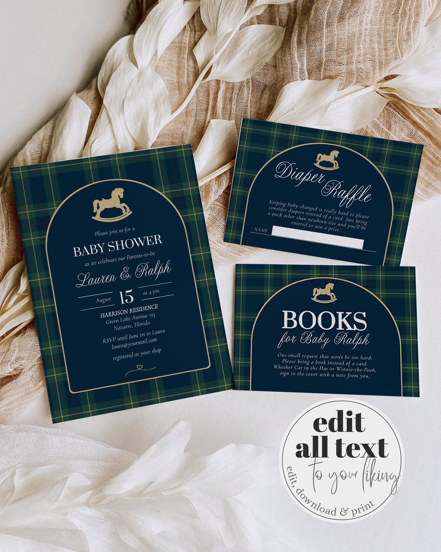 Baby Shower Invitation Template, Vintage Luxury Rocking Horse Blue Green Plaid, Digital Download 068RH-BSINV - marryful.org