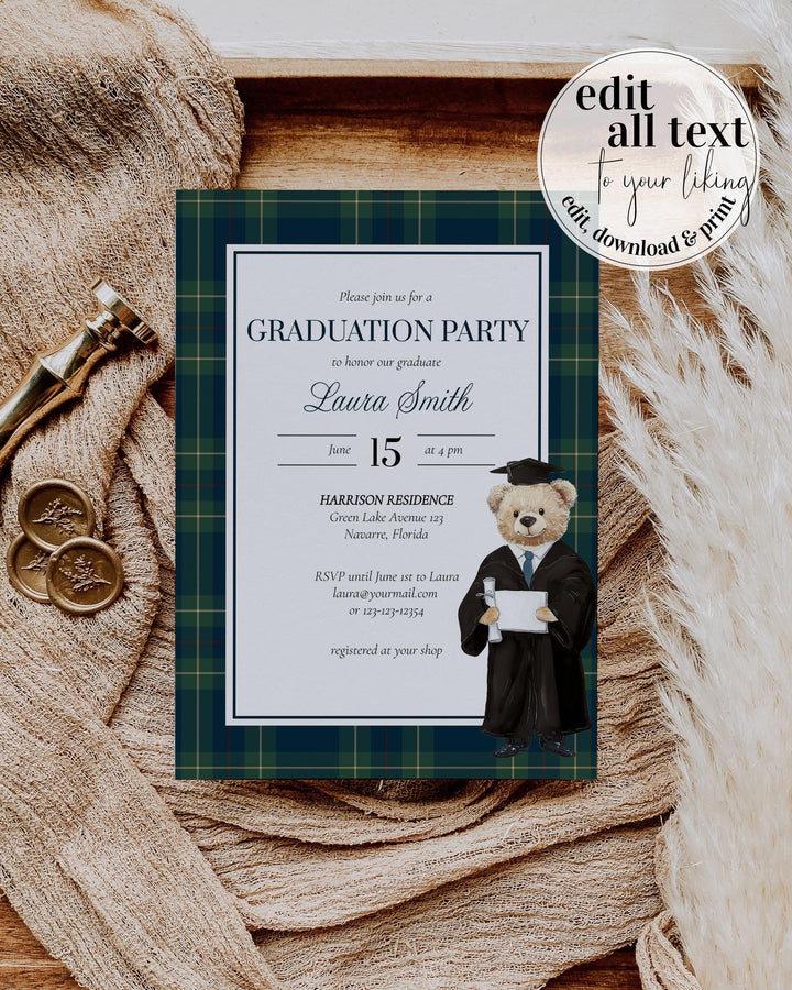 Graduation Invitation Template, Preppy Vintage Polo Teddy Bear Plaid ...