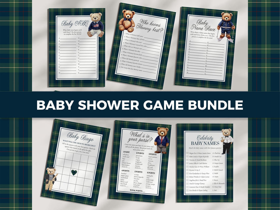 Baby Shower Games Bundle Template, Preppy Vintage Teddy Bear Plaid, Digital Download 068RL-BSGAMEB - marryful.org