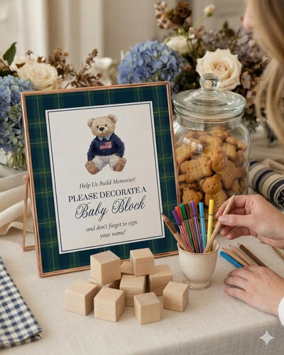 Polo Teddy Baby Block Decorating Sign Vintage Bear Build Memories Activity Baby Shower Template #068rl - marryful.org