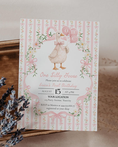 ONE Silly Goose Birthday Invitation Template, Pink Bow Mother Goose Party Invite for Girls 069PI-BINV - marryful.org