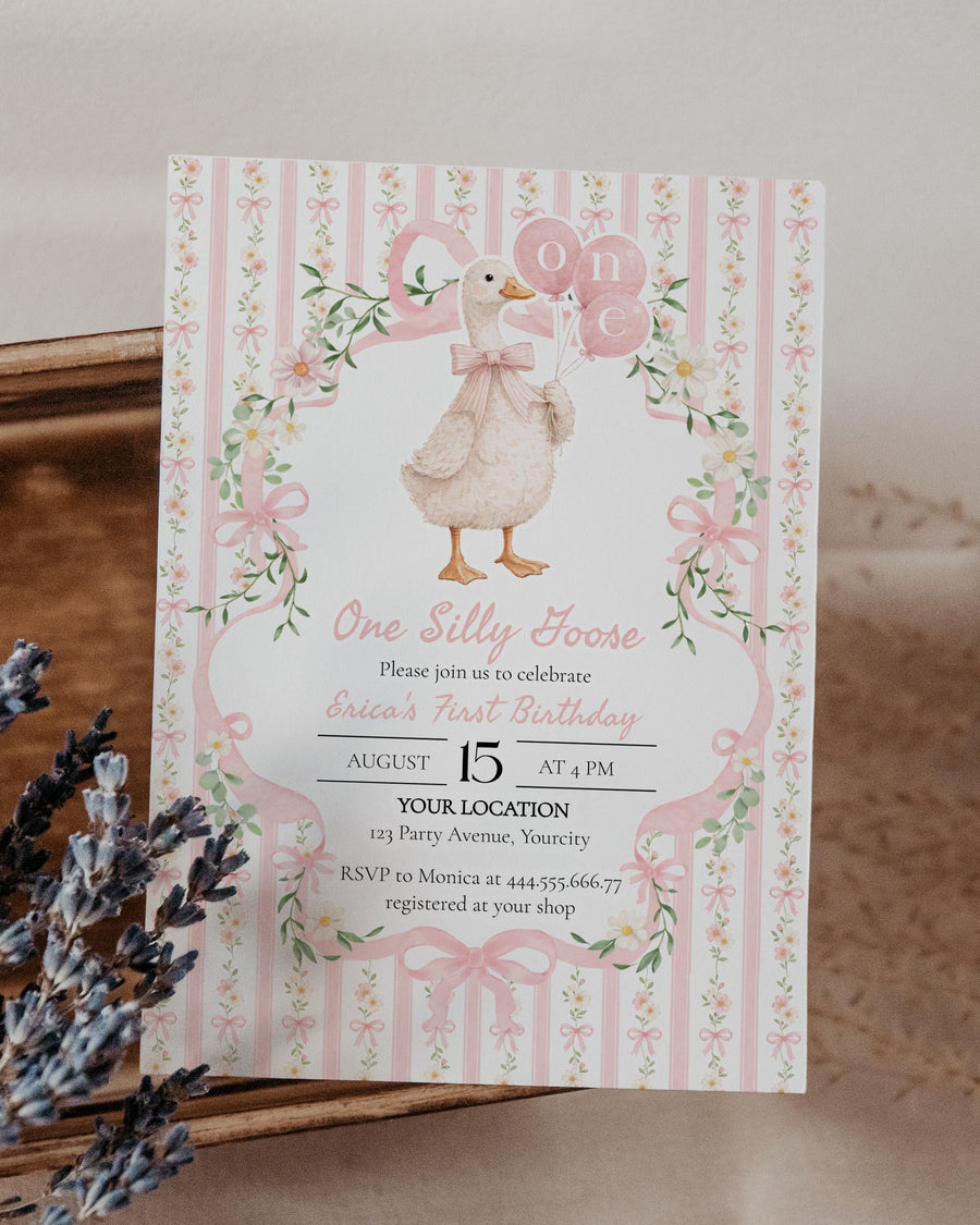 ONE Silly Goose Birthday Invitation Template, Pink Bow Mother Goose Party Invite for Girls 069PI-BINV - marryful.org