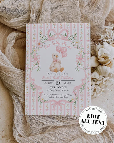 One Silly Goose 1st Birthday Invitation Template, Pink Bow Floral Goose Party Invite 069PI-BINV - marryful.org