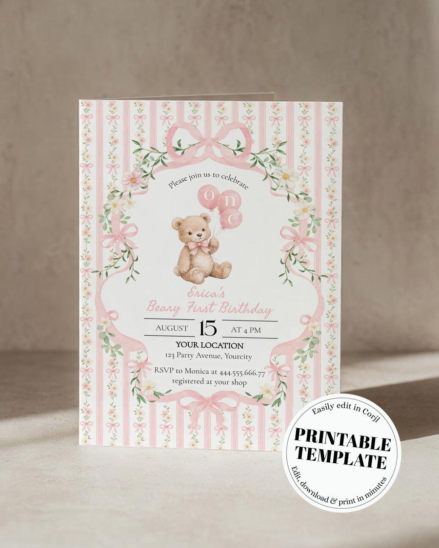 Beary First Birthday Invitation Template, Pink Floral Stripe Bow Teddy Bear Balloon Invite 069PI-BINV - marryful.org