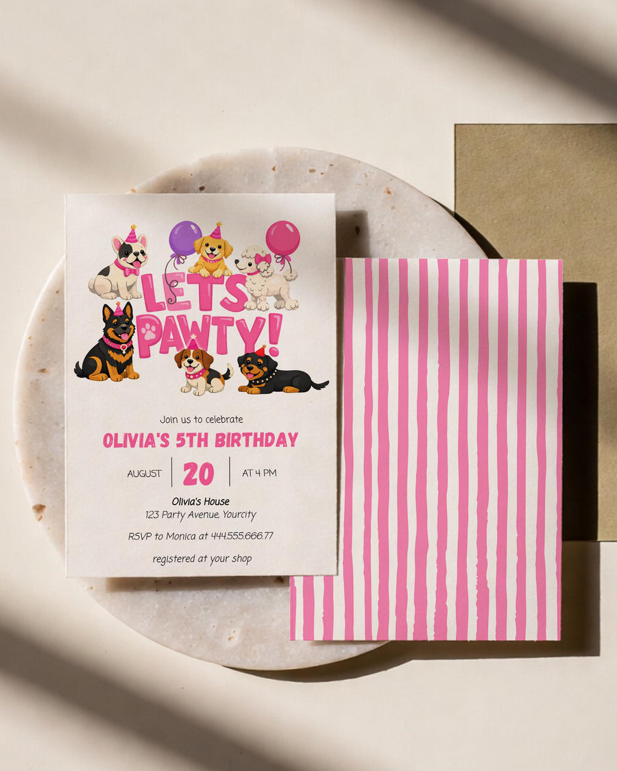 Pawty Birthday Invitation Template, Pink Puppy Party Invite, Editable Dog Birthday - marryful.org