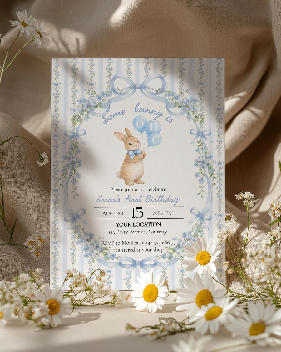 Some Bunny Is One Invitation Template, Blue Vintage Floral Bunny First Birthday Invite 069BL-BINV - marryful.org