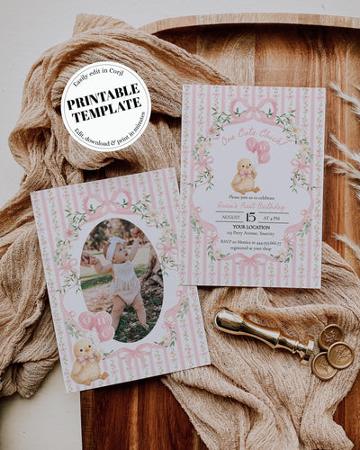 One Cute Chick 1st Birthday Invitation Template, Pink Bow Floral Stripe Chicken Balloon Invite 069PI-BINV - marryful.org