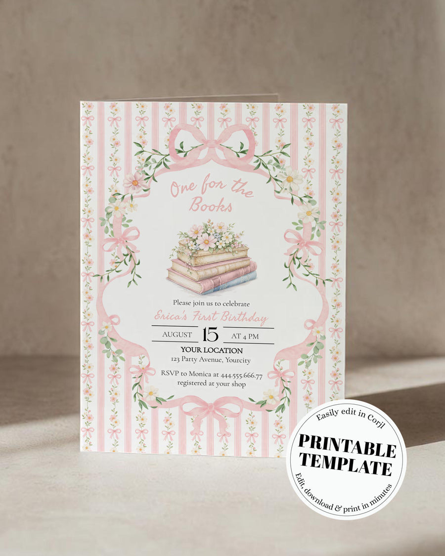 Storybook 1st Birthday Invitation Template, Pink Book Theme Birthday Invite New Chapter Party 069PI-BINV - marryful.org