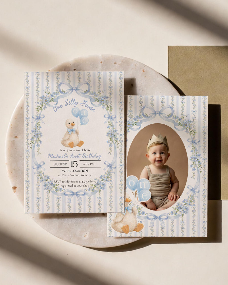 One Silly Goose 1st Birthday Invitation Template, Blue Gingham Goose Party Invite 069BL-BINV - marryful.org