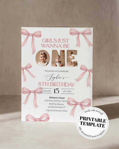Girls Wanna Be One 1st Birthday Invitation Template with Photo, Pink Bow Coquette Invite - marryful.org