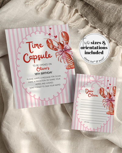 Lobster Birthday Time Capsule Sign, Pinch Me Pink Party Keepsake Card, Editable Template 034CF-TICA - marryful.org