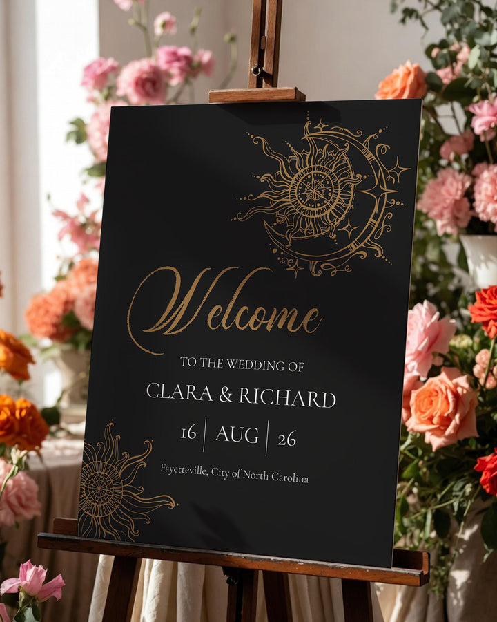 Celestial Wedding Welcome Sign Template, Black Tarot Moon and Stars ...